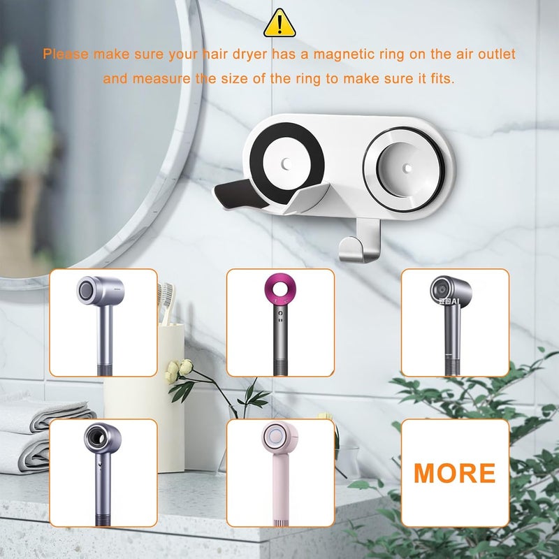 SEICHYGO Hair Dryer Holder Wall Mount Compatible with Dyson & Laifen (NOT for SE LITE), Adhesive Holder for All Magnetic High Speed Blow Dryer with Plug Cord Organizer Hook, (Aluminum Alloy, White) - Image 3